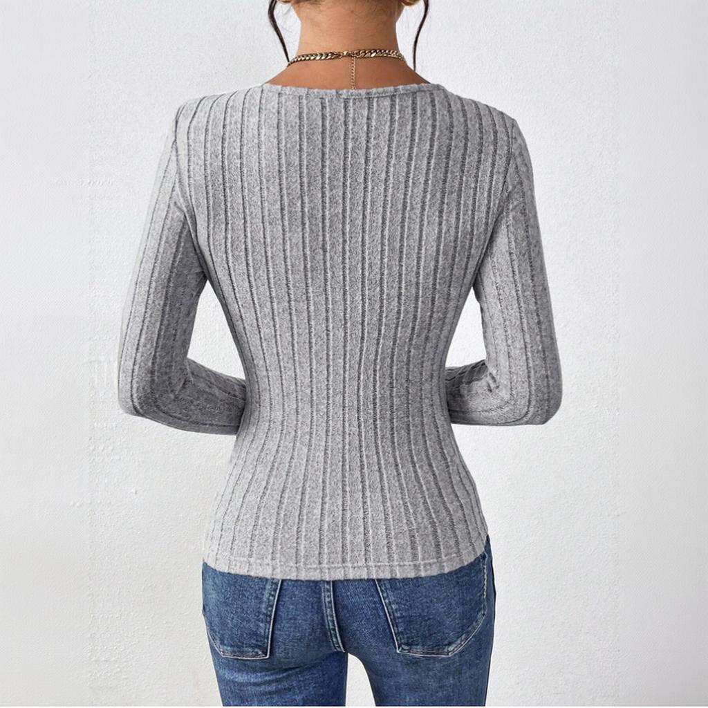 Women's U-Neck Long Sleeve Pleated Slim Fit Casual T-Shirt