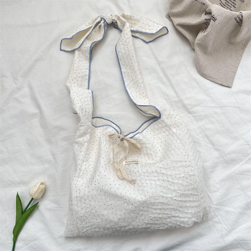 

1 Текстурная плиссированная сумка-мессенджер на плечо в горошек, свежая универсальная холщовая сумка, женская регулируемая тканевая сумка на шнуровке