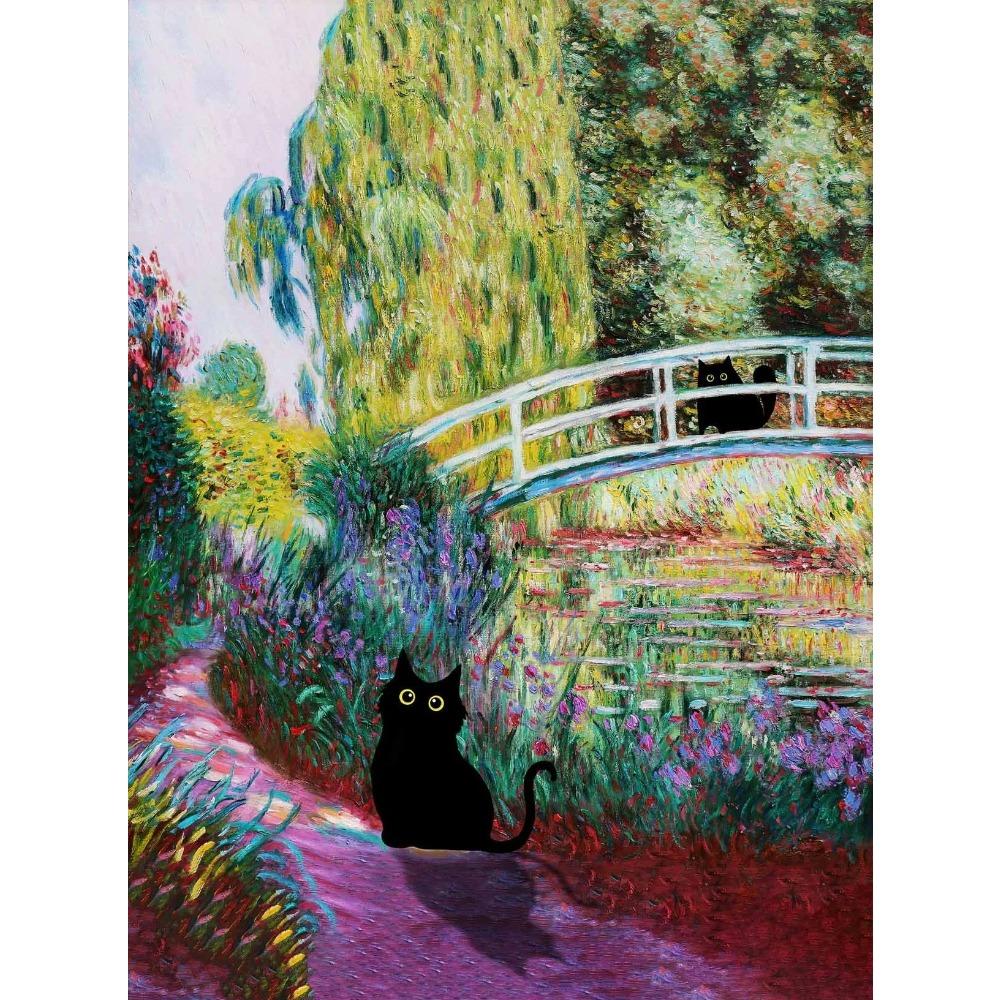 1pc Frameless Claude Monet Artworks Interesting Cute Black Cat Lotus Pond Poster Canvas Paintings for Living Room Home Decor