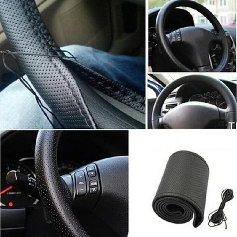 Car Steering Wheel Cover Genuine Leather Anti-Slip Braiding Cover For Steering Wheel Cowhide 37cm-38cm Steering Wheel Protector
