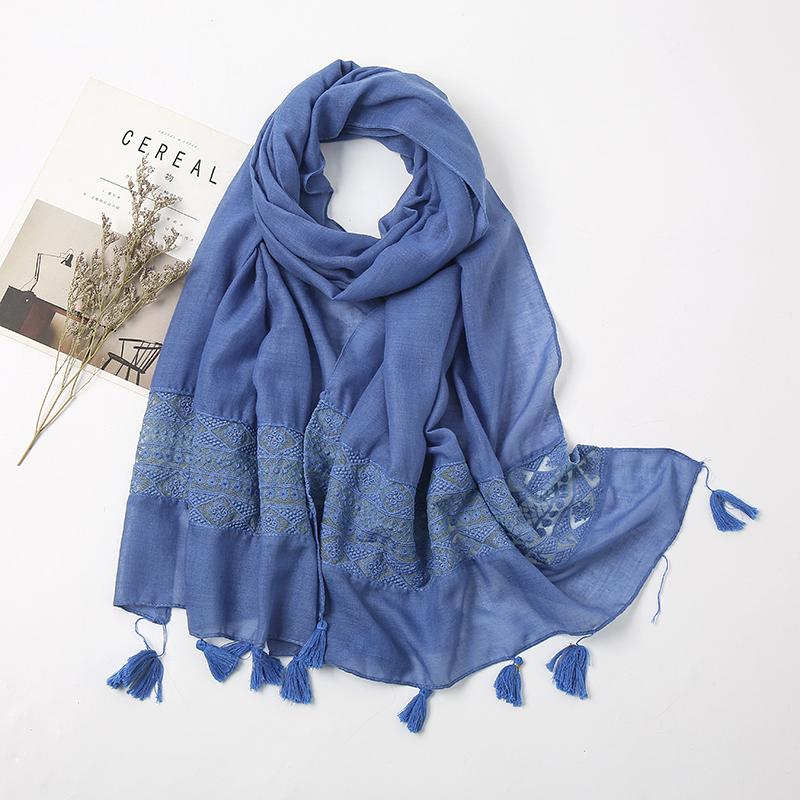 Elegant Lace Cotton Scarf With Tassel Shawl For Women Fashion Geometry Design Muslim Hijab Big Size Scarves 210*70Cm