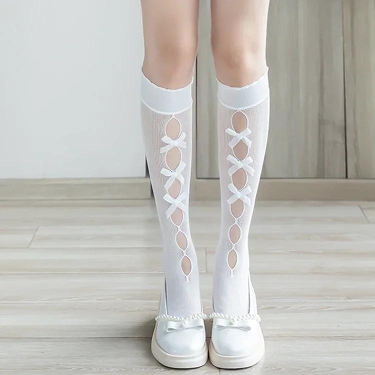 Velvet Bow Knee High Long Socks Sweet Kawaii Cute Mesh Fishnet Stockings Children Korean Lolita Girls White Black Japanese Style One Size