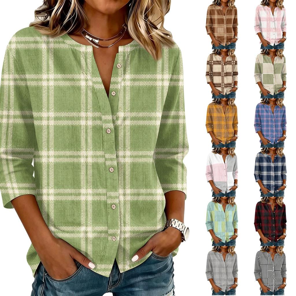 Women's Cotton Linen Shirt with Printed Pattern, Three-Quarter Sleeve Casual Blouse for Everyday Wear