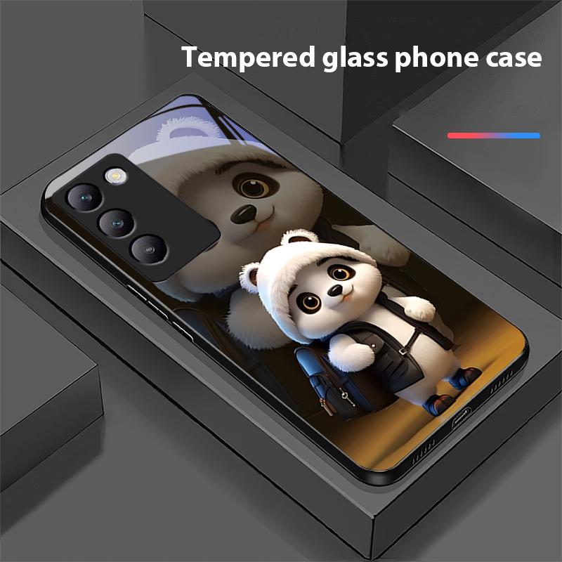 Cute Little Panda For Y72 33S 11 03 36 96 Lite 35 16 Iqoo 12 V40 SE 5G 29 40 21 30 X80 Pro Vivo Tempered Glass Phone Case Black