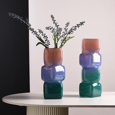 Colored Geometric Squares Glass Vase Gradient Color Glass Bottle Flower Vase Hydroponics Terrarium Flower Pot Home Decoration