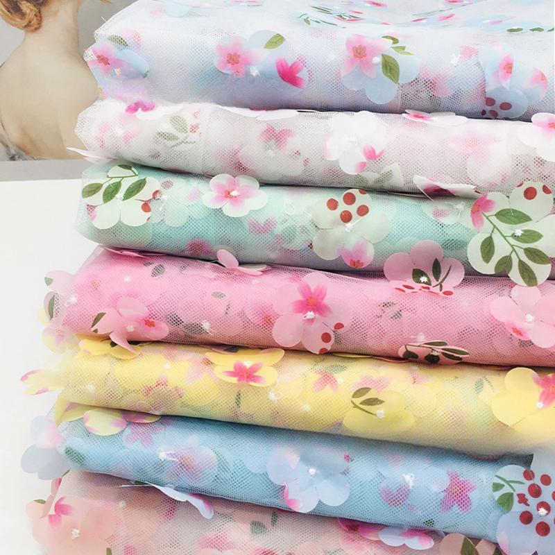 100X130cm 3D Floral Print Fresh Mesh Embroidery Fabric Dress Shawl Hair Accessorie Diy Sewing Supplies Crafts Fabric