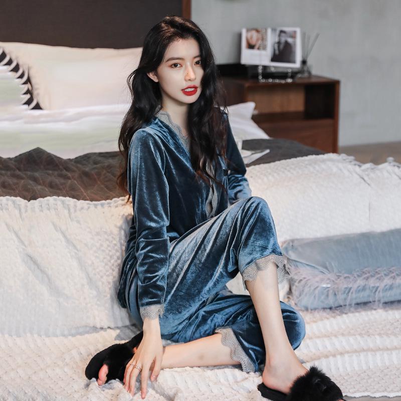 Women's Golden Velvet Lace Pajama Set - Long Sleeve, Autumn/Winter Style, Sexy Homewear.
