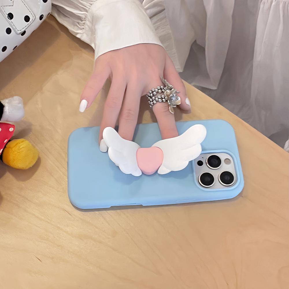 Kawaii 3D Angel Wings Soft Silicone Case With Stand Holder Cover for iPhone 16 15 14 Plus 13 12 Pro Max Phone Cases Capa