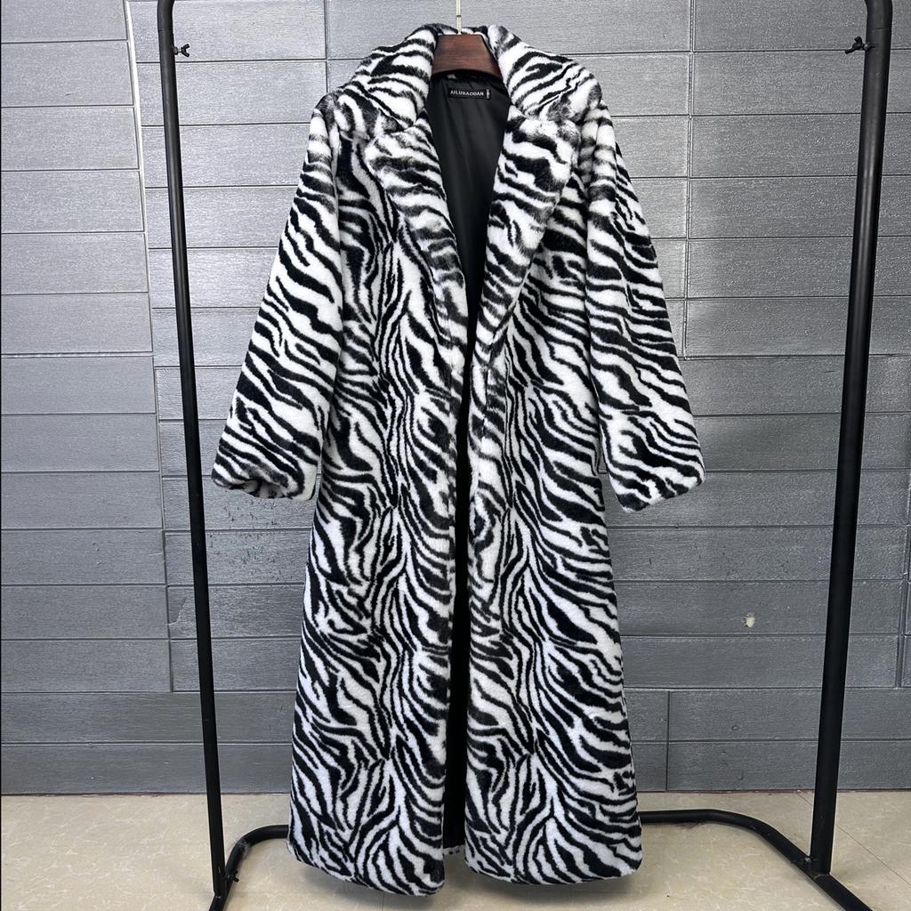 Zebra leopard print imitation rabbit hair fluffy jacket women's fur extended suit collar extra long winter coat jacket