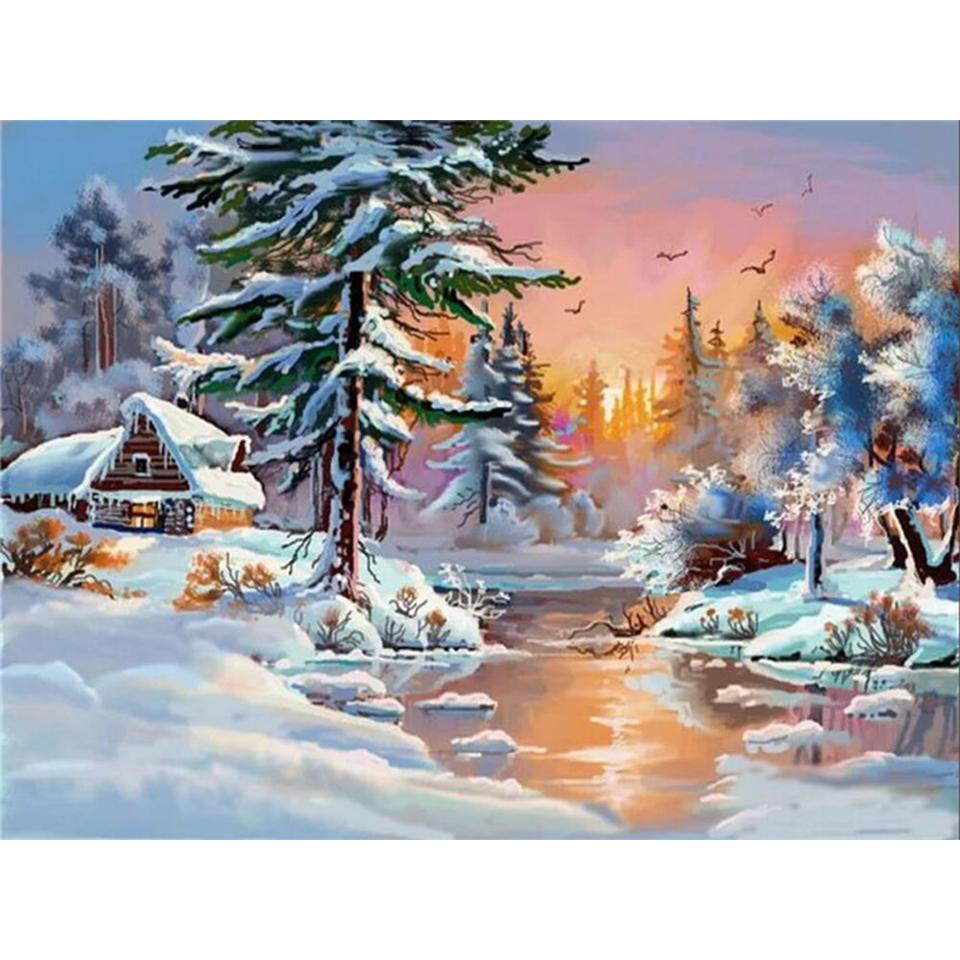 5D DIY Diamond Painting Landscape Winter House Full Round Rhinestone Embroidery Cross Stitch Kit Mosaic Picture Decoration Gift