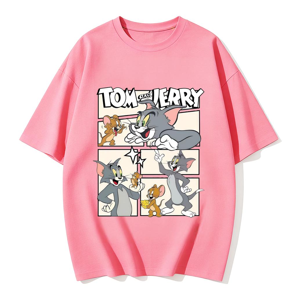 2026 New Tom Jerry Print Tshirt Casual Loose Couple Family Matching Outfits Short Sleeve Cotton Tee Summer Streetwear Tops Y2k