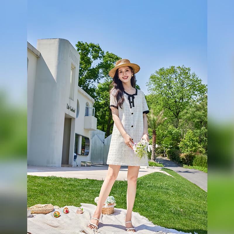 VICTORIA&VERA Summer Chic Square Neck Lace Bow Short Sleeve Mini Dress