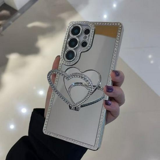 

Heart Mirror Bracket Phone Case for Apple iPhone 14/15/16/17 Pro Max & Samsung S26, with Rhinestones iPhone 14 Plus