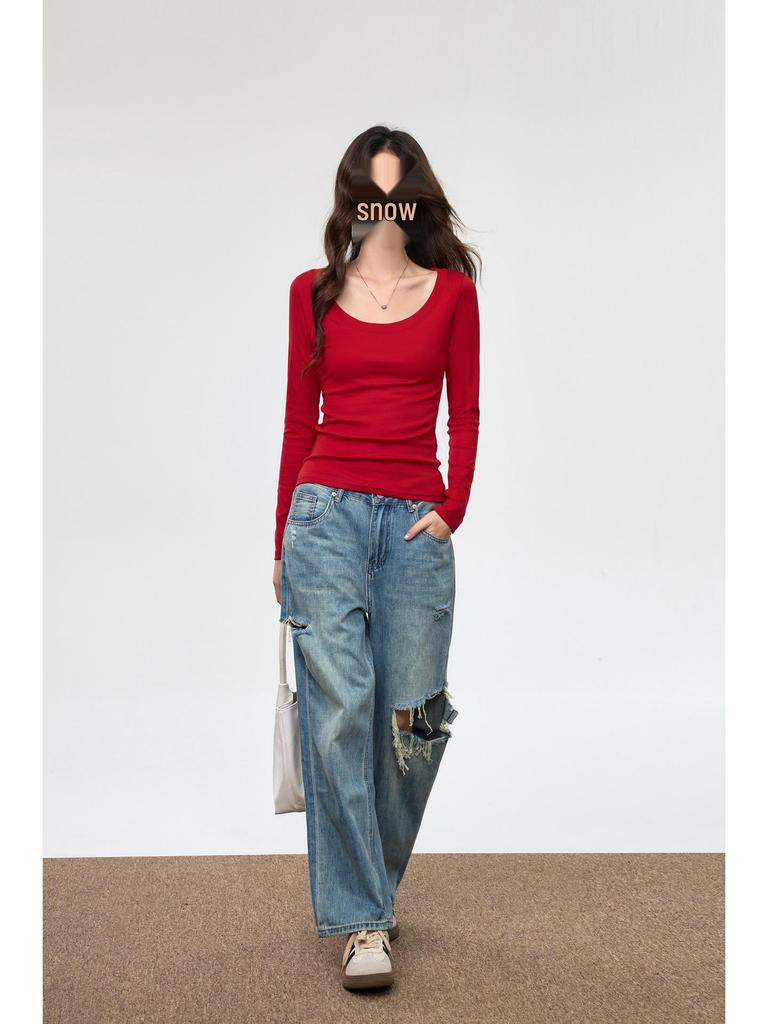 Damen gekämmte Baumwolle U-Ausschnitt Langarm Slim-Fit T-Shirt - Herbstmode, vielseitiges einfarbiges Oberteil