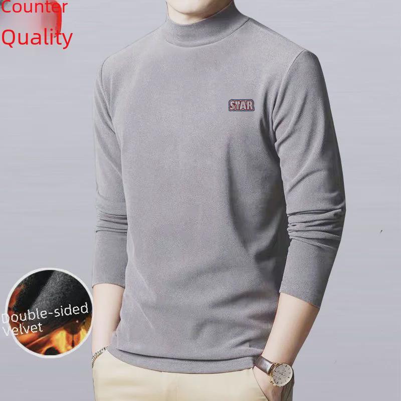 Men's Printed Warm Long-Sleeve Velvet T-Shirt with Double-Sided Velvet and Half-High Collar – Autumn/Winter Style