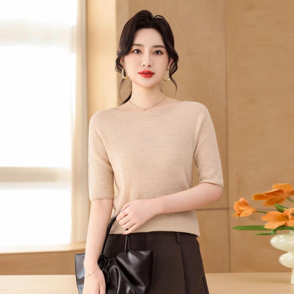 Lekasha Women's Off-Shoulder Fine Wool Sweater - Spring Style, Loose Fit, Mid-Sleeve, Five-Point Sleeve Base Layer