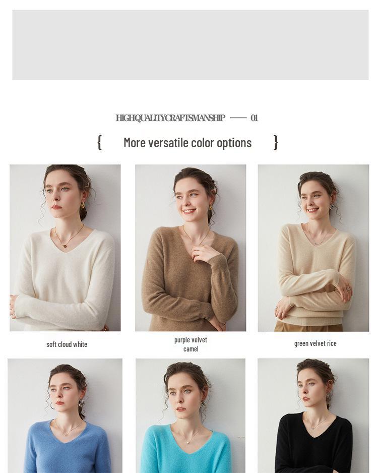 Women's V-Neck Loose Cashmere Sweater, Warm Knitted Pullover, Solid Color, Versatile & Trendy.