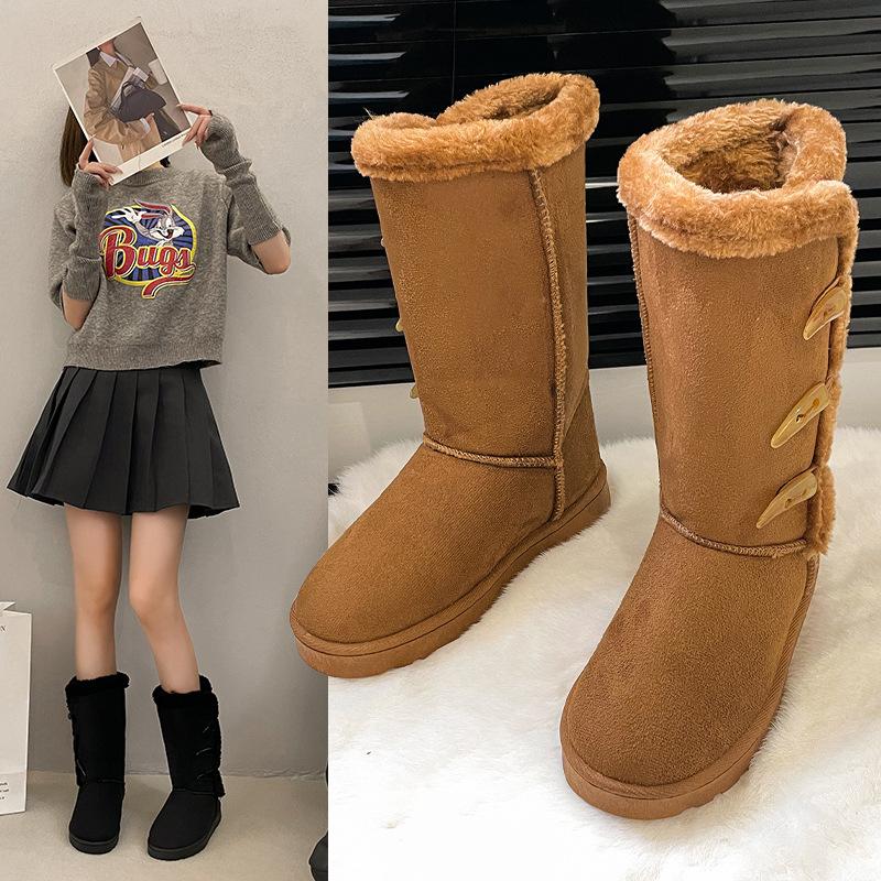 Foreign Trade Large Size Medium Tube Cotton Shoes for Women's Winter New Thickened Warm and Fluffed Button Snow Boots for Women