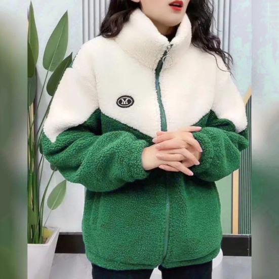 Women Winter Fall Coat Thickened Plush Color Matching Stand Collar Zipper Closure Long Sleeve Casual Cardigan Warm Heat Retention Pockets Lady