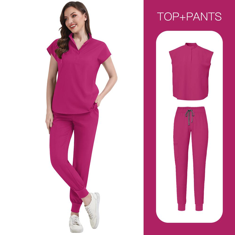 Women's Loose and Comfortable V-neck Short Sleeved Workwear with Multiple Pockets and Beauty Suit Set