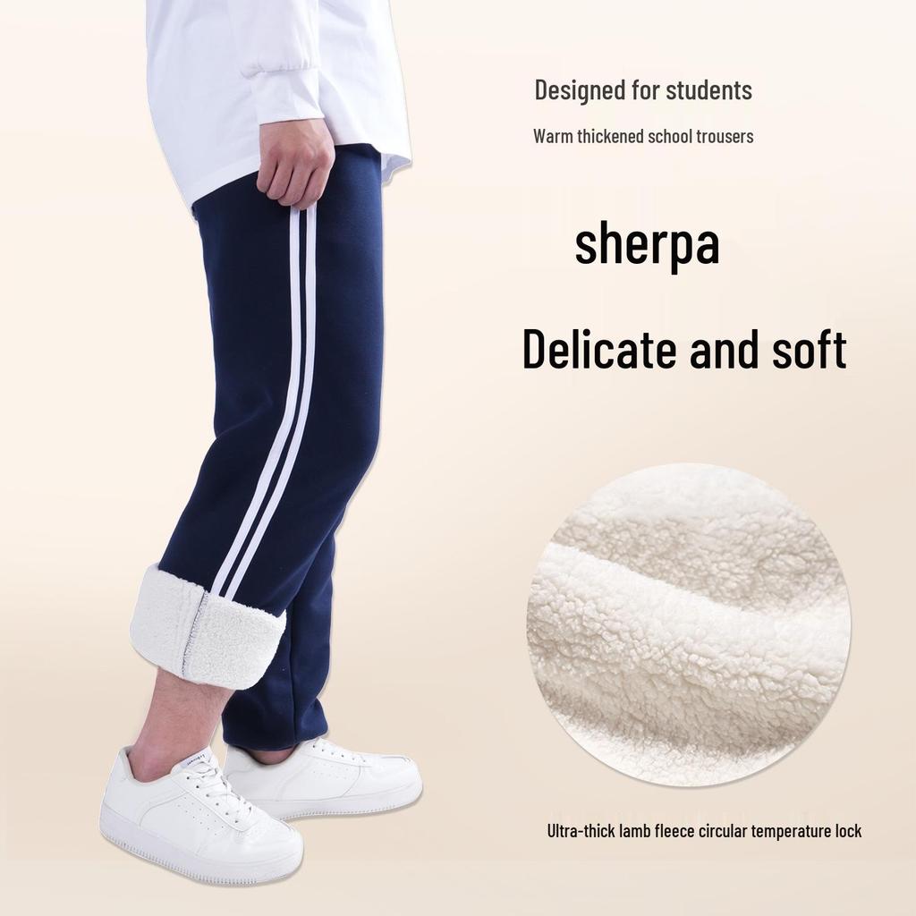 Navy Blue Fleece-Lined Kids' School Uniform Sports Pants with Stripes