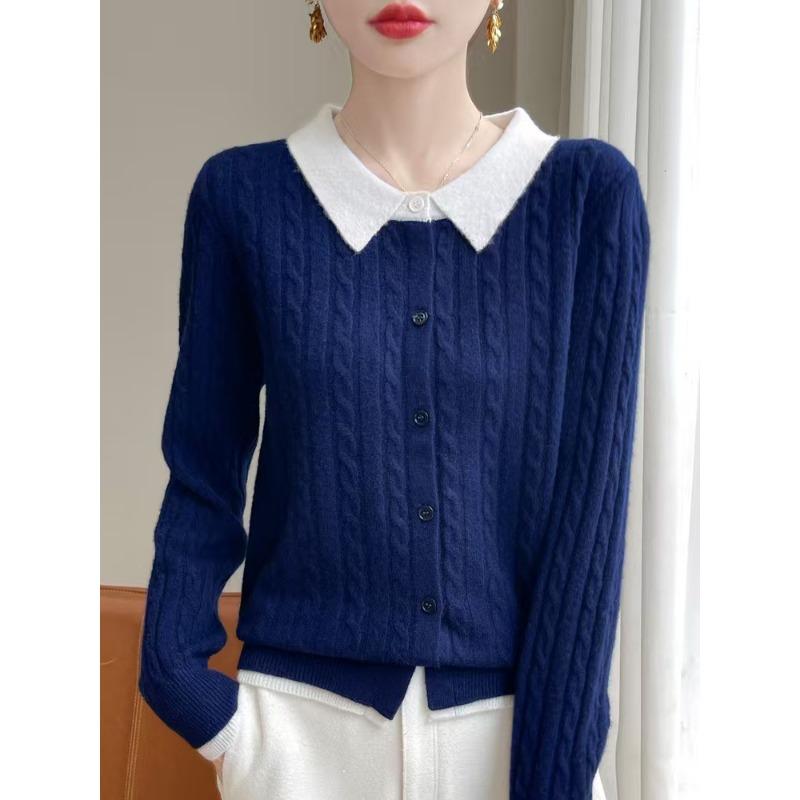 POLO Collar Small Twist Short Colour Blocking Knitted Cardigan Women's Pullover Sweater Bottoming Shirt Jacket