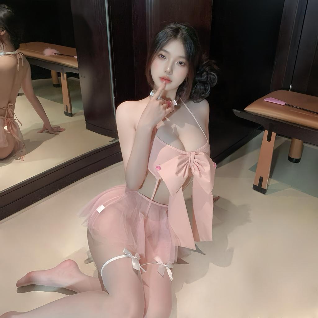 Pink bow three-point erotic underwear pure desire temptation splicing mesh perspective free