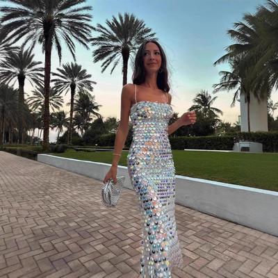 Elegant Sequin High-Waisted Party Gown - Sleeveless Strappy Long Dress