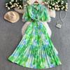 French Celebrity Niche Vacation Printed Lapel Dress Women's Summer Waist Single-breasted Skinny Pleated Pendulum Dress
