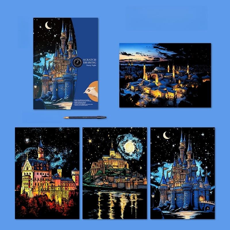 DIY 4PCS/Set A3 Colorful City Night Scenery Landscape Laser Scratch Painting With Tool Landmark Scratch Art Room Decor Gift