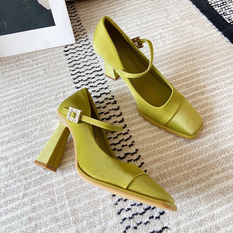Fashion Women's Fashion Thick Heel Shoes Spring New Square Head Shallow Mouth Splicing A Word with Anti-slip Wear-resistant High Heels