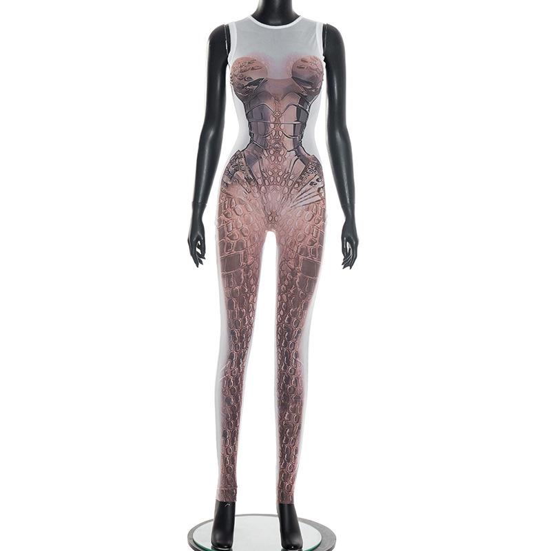 

Spring European & American Sexy Slimming Body Print Sleeveless Jumpsuit Large