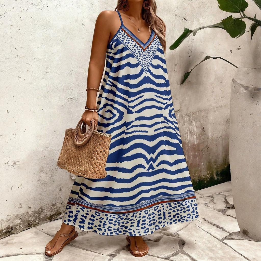 Women's Summer V-neck Bohemian Casual Seaside Vacation Printed Plus Size Sling Dress