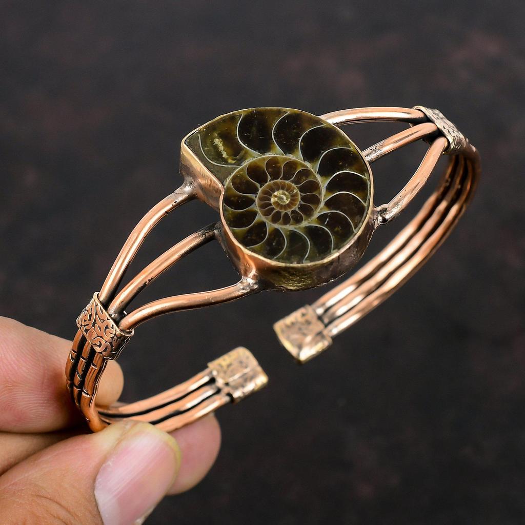 Ammonite Fossil Cuff Bracelet Copper Wire Wrapped Gemstone Bangle Adjustable Cuff Bracelet Handmade Stylish Bangle Copper Jewelry For Gifts