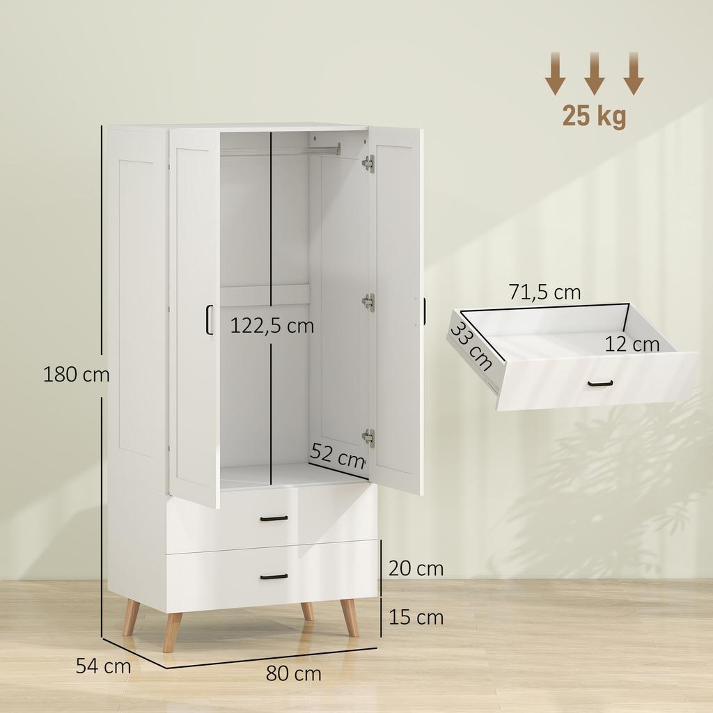 Bedroom Wardrobe, 2 Soft-Close Doors, 2 Drawers, Hanging Rail, 80 x 54 x 180 cm, White