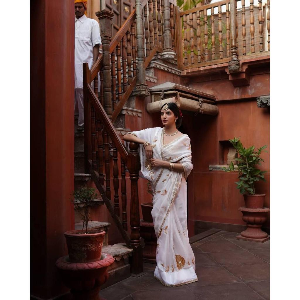 Premium  Georgette Fabrics with 3 Mm Sequence Embroidered Work and Golden Zari Thread Work