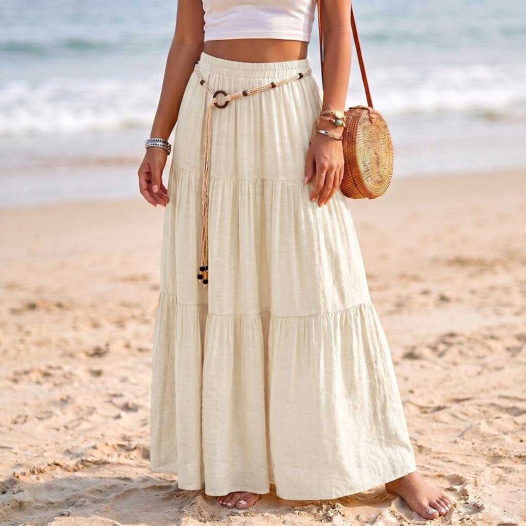 Gonna Maxi da Donna Casual a Vita Elastica, con Volant, Leggera in Cotone e Lino, Lunga, per Vacanze e Mare, Design a Linea A