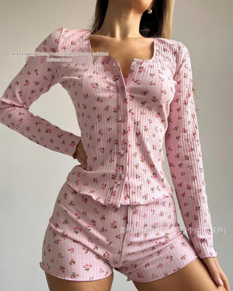 2026 Spring/Summer European & American Knitted Pajama Set: Printed Long Sleeve, Short Pants, Versatile 3-Piece for Outdoor Wear