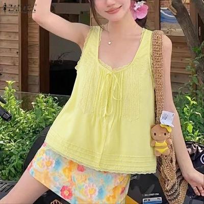 Women Lace Splice Casual U Neck Summer Sleeveless Tank Tops
