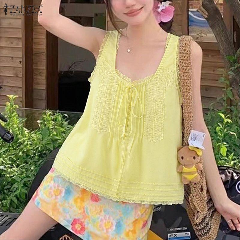 ZANZEA Canottiere Casual Estivi da Donna con Inserti in Pizzo, Scollo a U, Senza Maniche