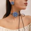 Blue Denim Flower Choker Necklace & Earrings Set for Women, Lace-up Rope Chain Fashion Jewelry