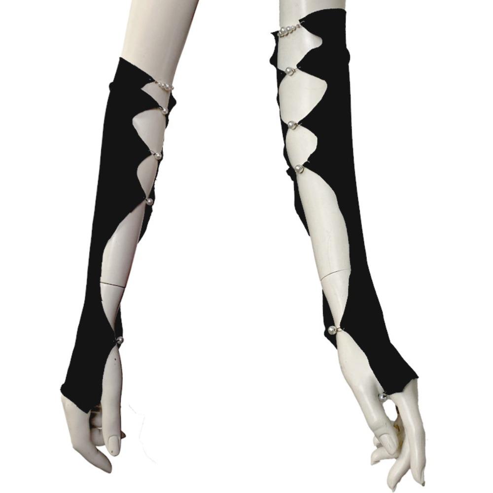 Springy Black Punk Arm Sleeves Cool Hollowed Calf Sleeve Fashion Pearl Half Finger Arm Cover  Girls