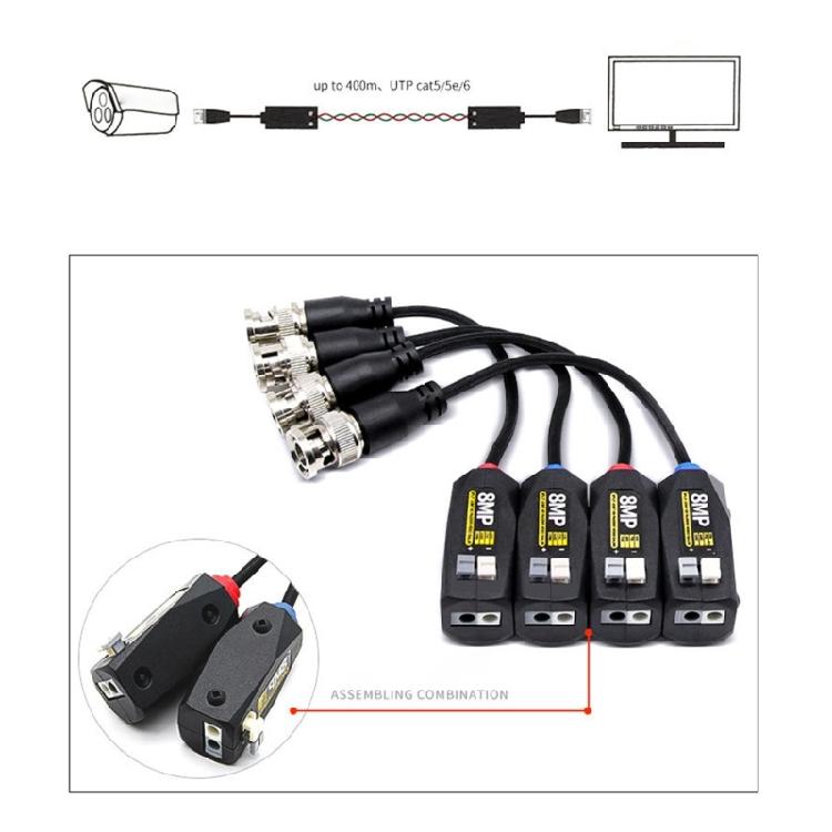 Cat5E Cat6 CCTV Video Balun Set with BNC Male Plugs and Compactly Press Fit Terminals Body for DVR Camera Video Transmission Projects Use