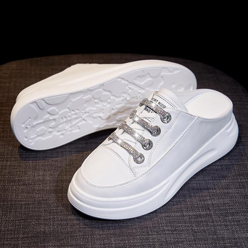 Baotou Leather Slippers Women's 2025 New Fashion Outer Wear Half Slippers Thick Sole Inner Height Increase Women's Shoes Women's Cool Slippers