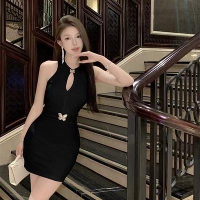 Chinese Cheongsam Improved Black Backless Design Slim Hollow Sexy Celebrity Dress Thin Summer Women's New Models