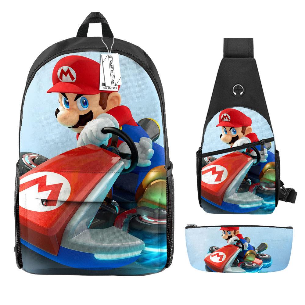 Animation Backpack, Super Mary Primary School Student Print Children'S Backpack Satchel Pencil Case Three-Piece Set