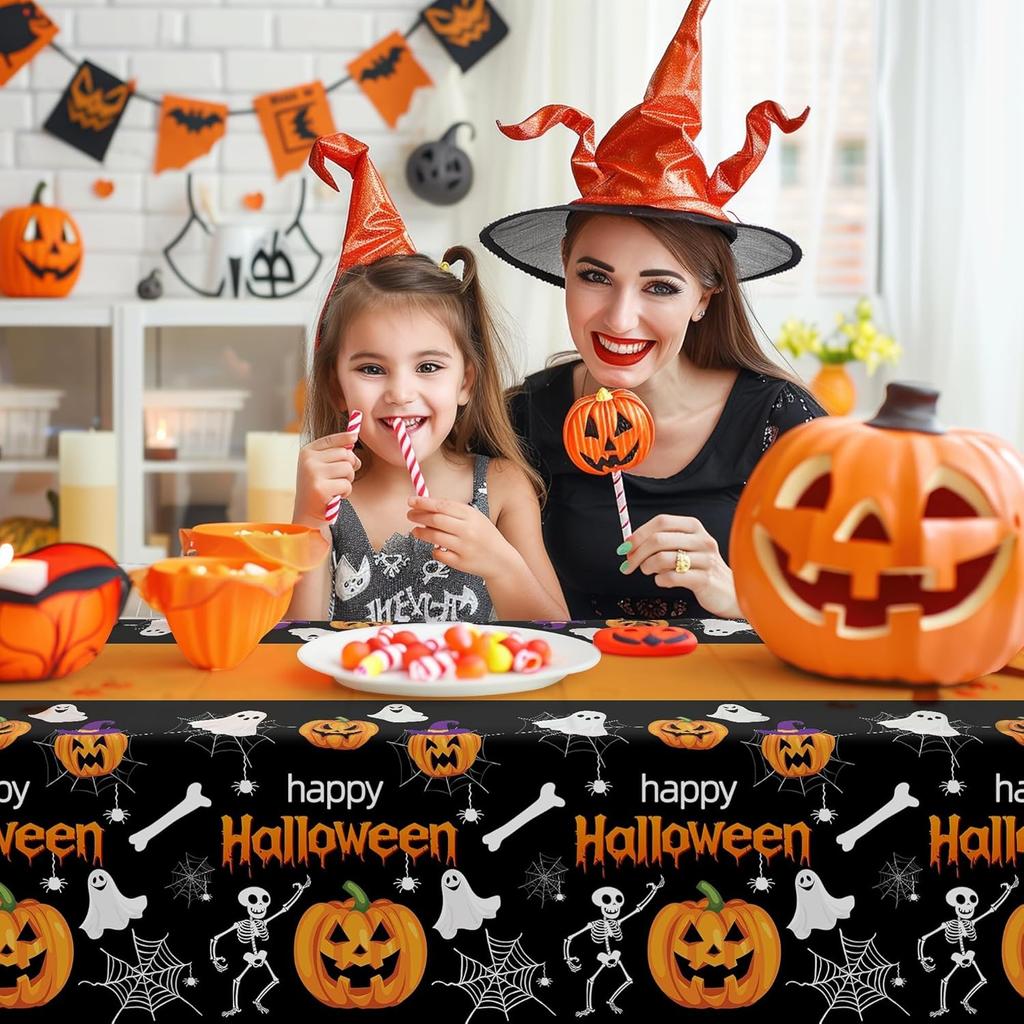 Childom 2 Pack Halloween Tablecloth,Halloween Decorations 54x108 Inch Disposable Plastic Table Cover for Rectangle,Pumpkin Spider Web Ghost Table