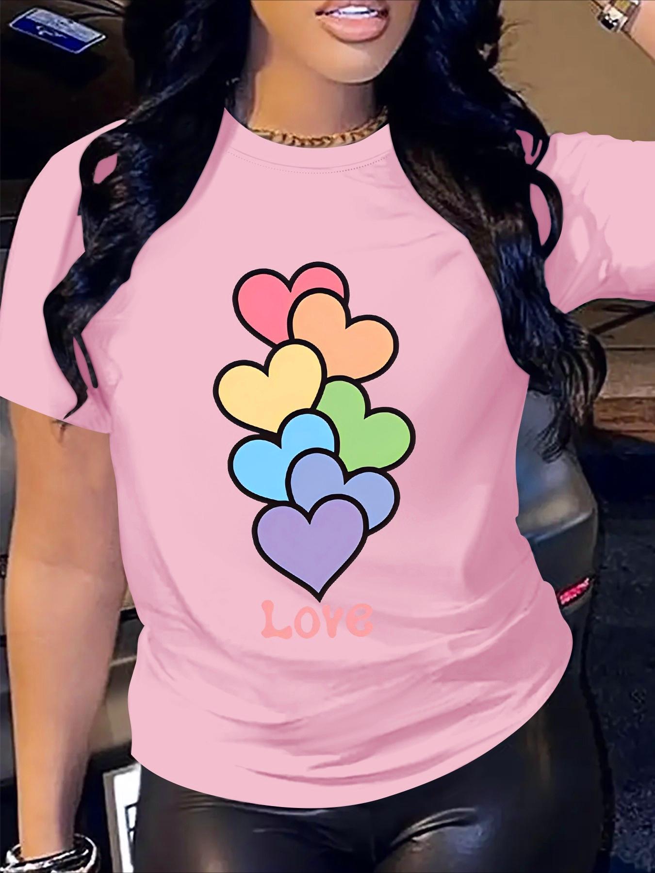 

Womens Casual Sporty ShortSleeve TShirt with Colorful Heart Print Love Text Round Neck Fit for Summer Attire Ladies TShirts S