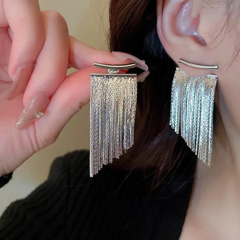 

New Exaggerate Long Tassel Asymmetric Gold Color Bling Drop Dangle Earrings for Women Luxury Wedding Bride Jewelry Accessories