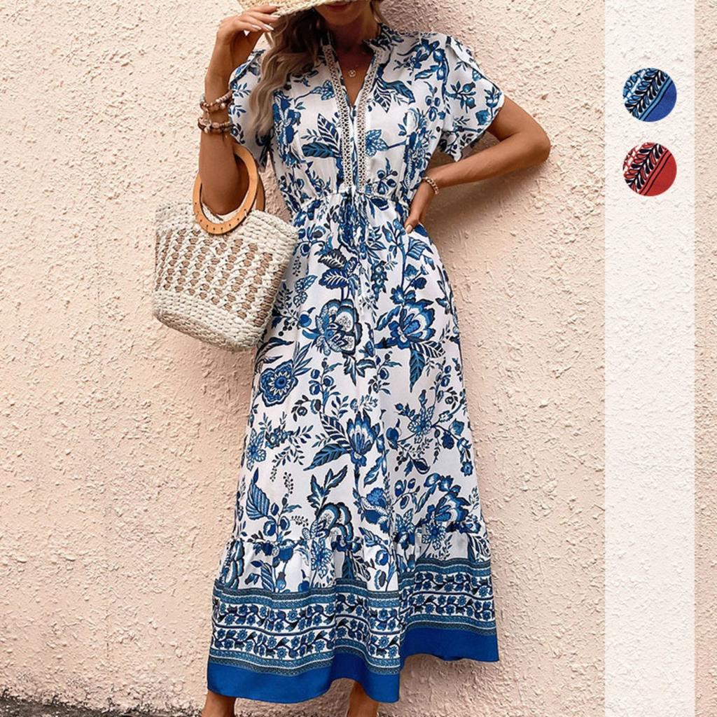 Blue Retro Ethnic Print Vacation Casual Slim Waist Dress Women's Fashion Hot Selling Crossbody Apparel